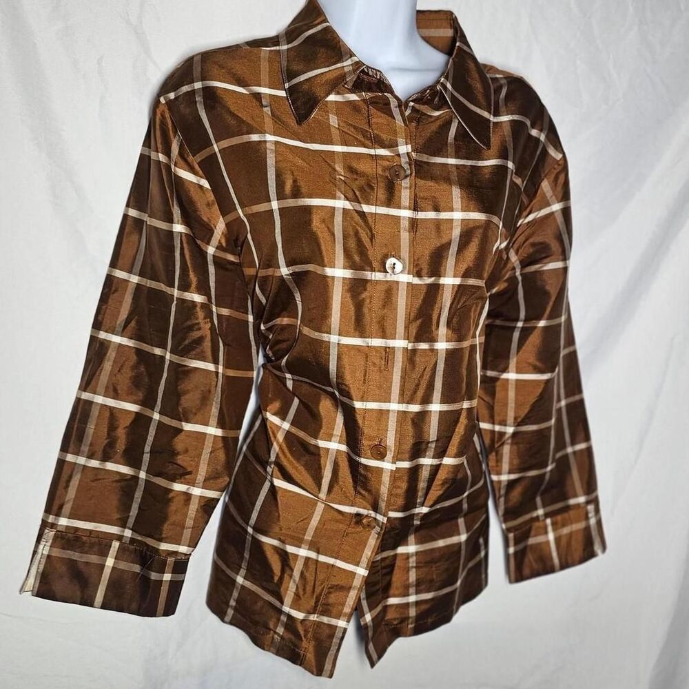 Brown plaid 90s y2k silk 3/4 sleeve blouse